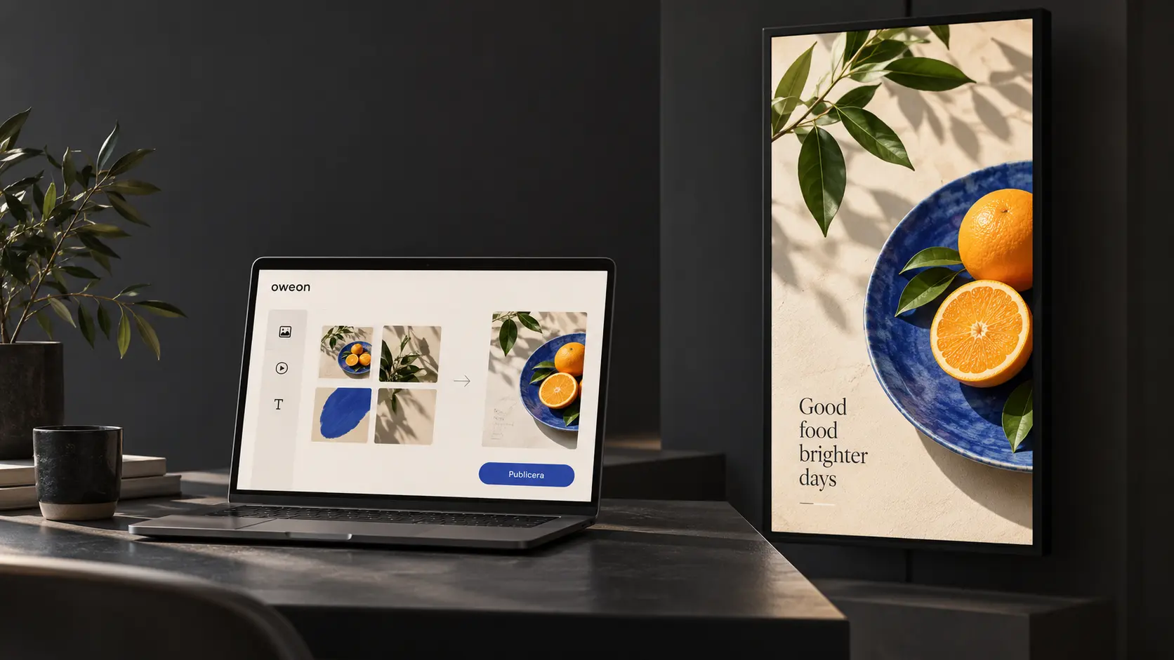 oweon-gränssnittet i webbläsaren bredvid en skärm som visar publicerat innehåll