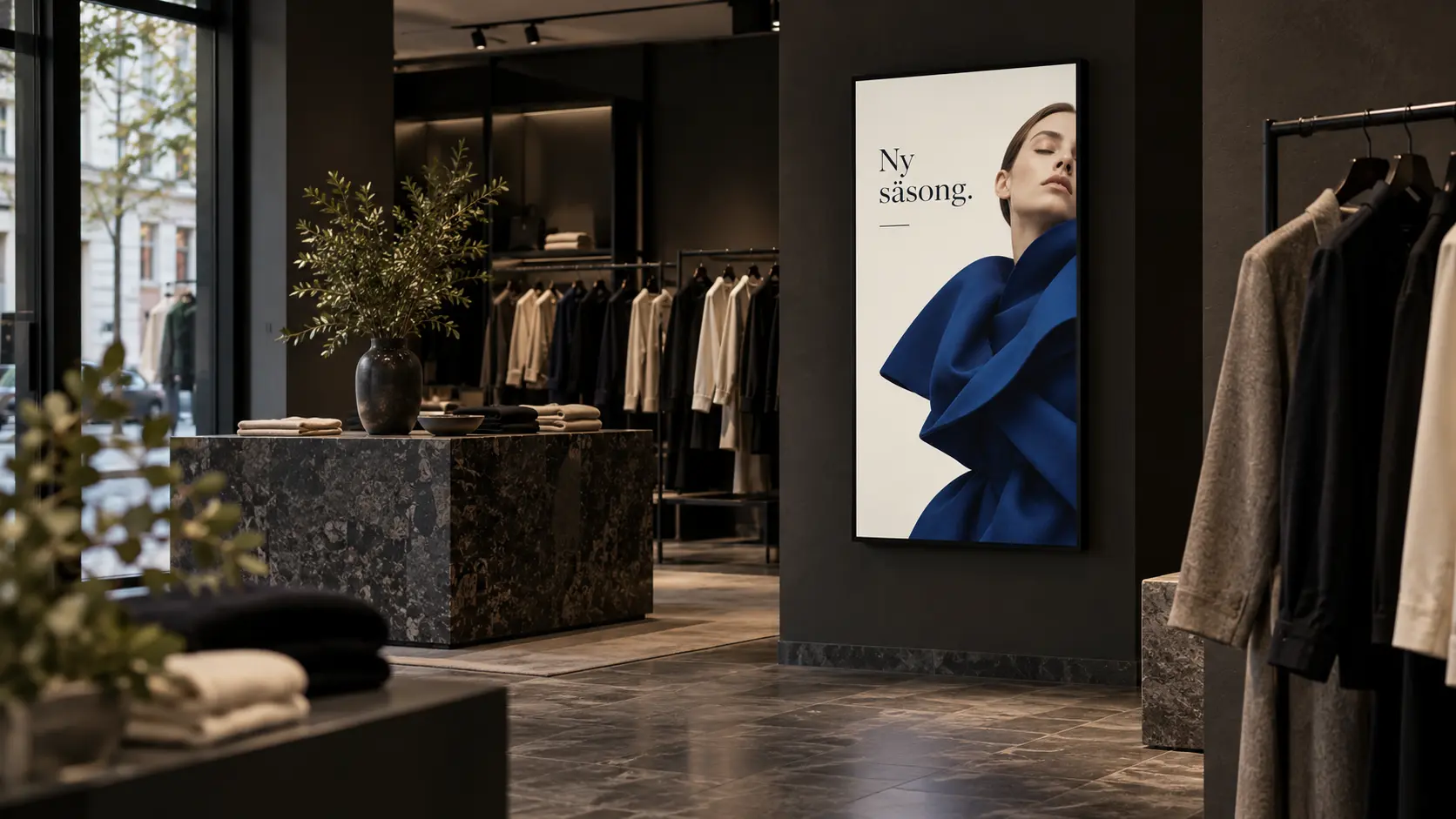 Stående skärm i en klädbutik som visar säsongens kollektion